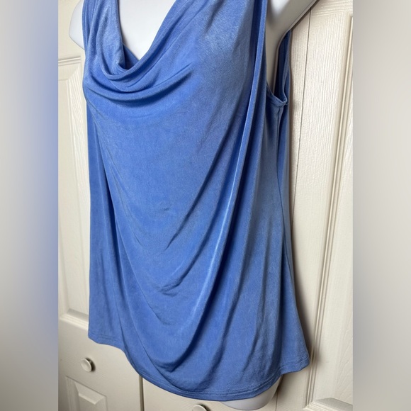 MADE IN HEAVEN Blue Drape Neck Tank Top Stretch Slinky Ribbed Knit Blouse Shirt - Picture 4 of 8
